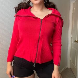 2000s Y2K Red Asymmetric Zip Up Sweater Blouse